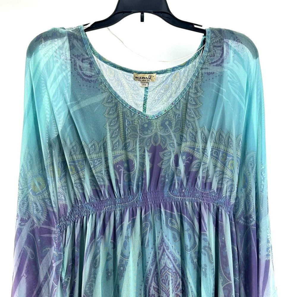 One World Teal Purple Paisley Mesh Rhinestone Empire Waist Dress Top Large